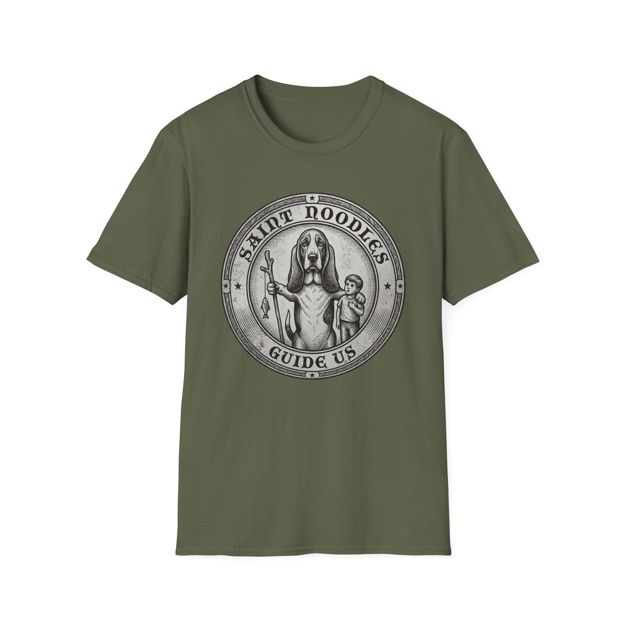 Saint Noodles Guide Us T-Shirt flat lay in military green, featuring a vintage medallion graphic of a basset hound standing upright holding a staff with a fish, alongside a small child, with the text 'Saint Noodles Guide Us'.