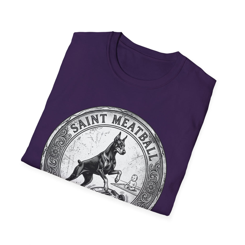 Saint Meatball Defend Us T-Shirt folded flat lay on purple shirt showing the Doberman saint medallion design.
