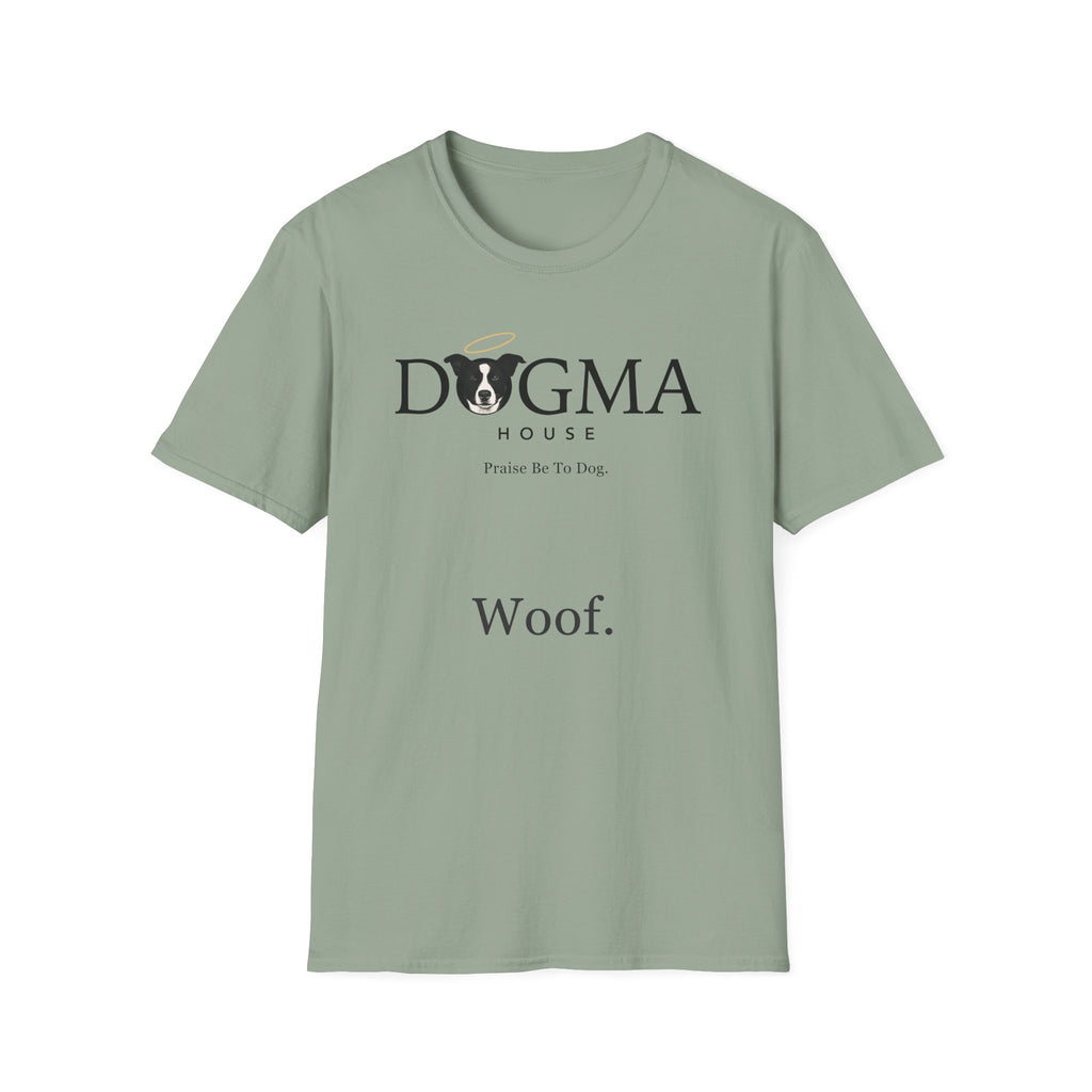 Dogma House Logo Light T-Shirt flat lay in sage green, featuring the Dogma House brand logo with a border collie face with a golden halo and the tagline "Praise Be To Dog." and "Woof." text.