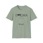 Dogma House Logo Light T-Shirt flat lay in sage green, featuring the Dogma House brand logo with a border collie face with a golden halo and the tagline "Praise Be To Dog." and "Woof." text.
