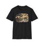 Creation of Adam T-Shirt flat lay in black, featuring a dog-themed parody of the Michelangelo fresco with a human hand reaching toward a dog's paw, an angel golden retriever and cherub amid baroque golden clouds.