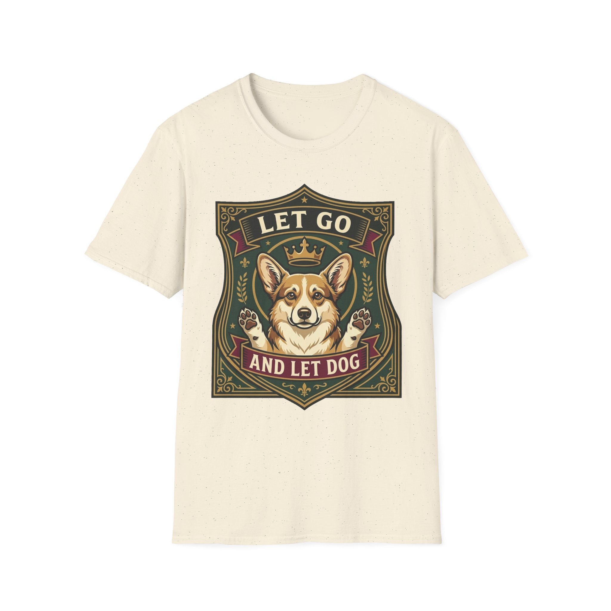 Let Go Let Dog Corgi T-Shirt in natural cream, flat lay, featuring an ornate heraldic shield badge with a crowned corgi raising both paws and the text 'Let Go / And Let Dog'.