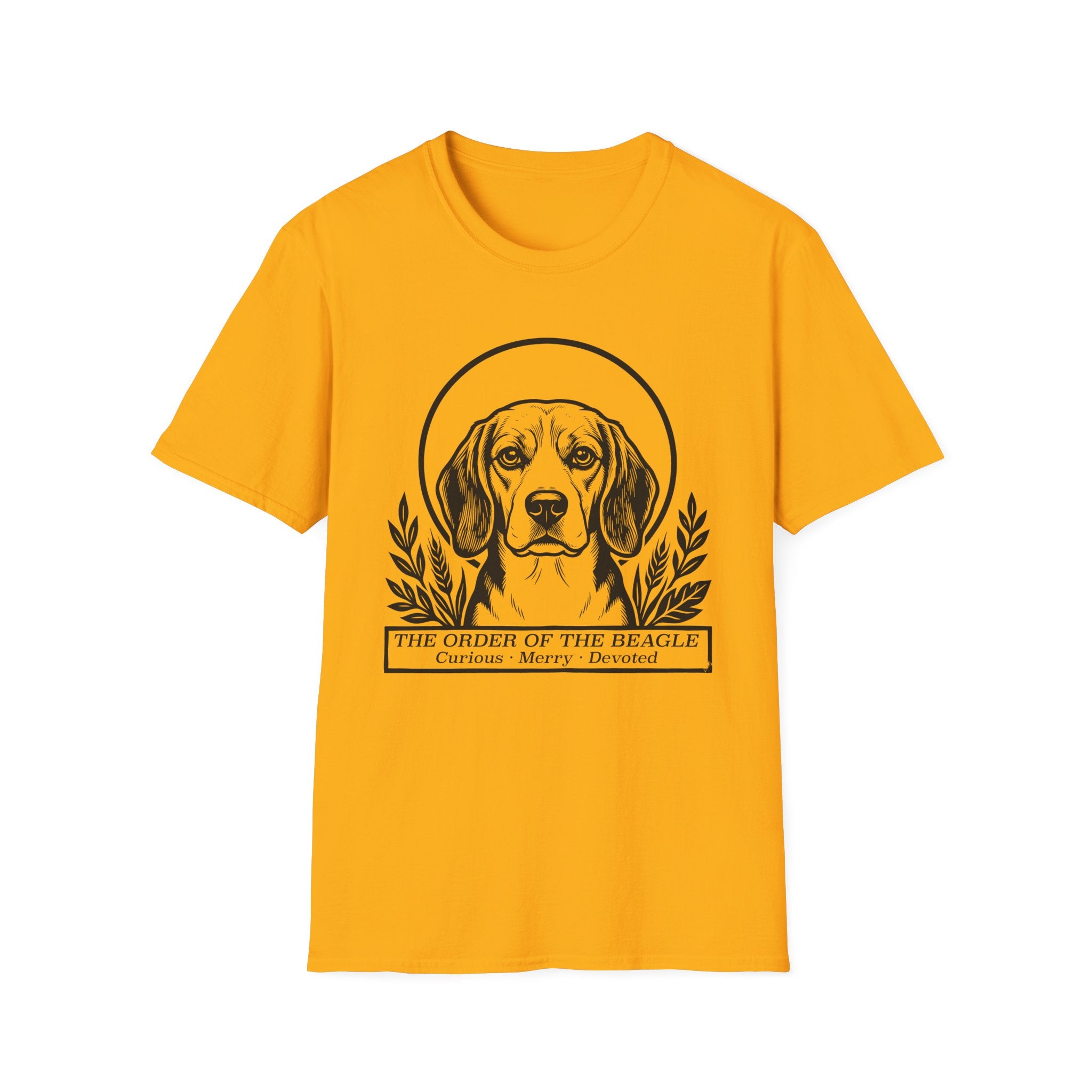 Holy Orders | Beagle T-Shirt flat lay on sage green shirt featuring a stained glass style illustration of a Beagle depicted as a holy figure with a golden halo and the text 'Holy Orders.'