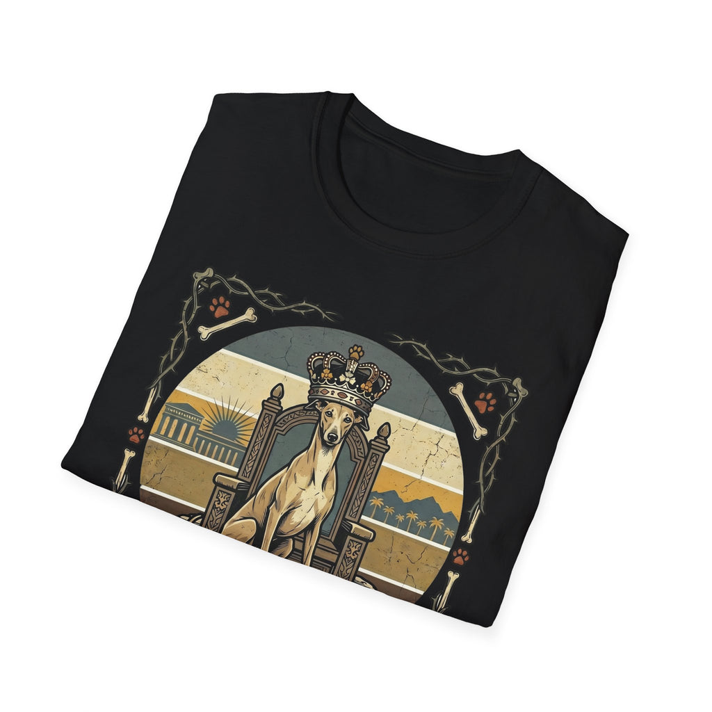 For the Love of Dog Whippet T-Shirt folded view in sage green showing the crowned whippet on throne graphic with thorn and bone border.