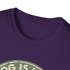Dog is Love T-Shirt close-up detail of the collar and top of the vintage circular badge graphic on a purple shirt.