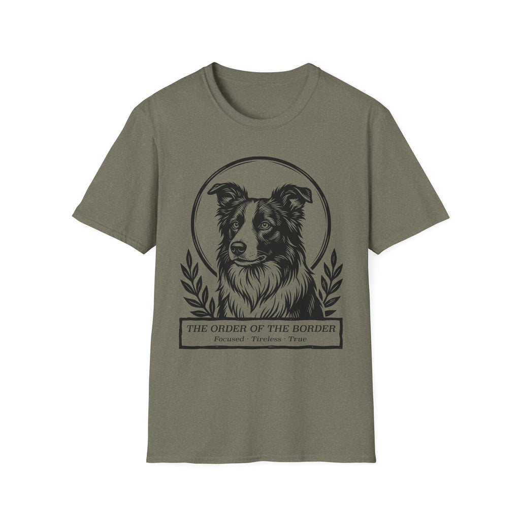 Holy Orders | Border Collie T-Shirt flat lay on black shirt featuring a stained glass style illustration of a Border Collie depicted as a holy figure with a golden halo and the text 'Holy Orders.'