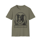 Holy Orders | Border Collie T-Shirt flat lay on black shirt featuring a stained glass style illustration of a Border Collie depicted as a holy figure with a golden halo and the text 'Holy Orders.'