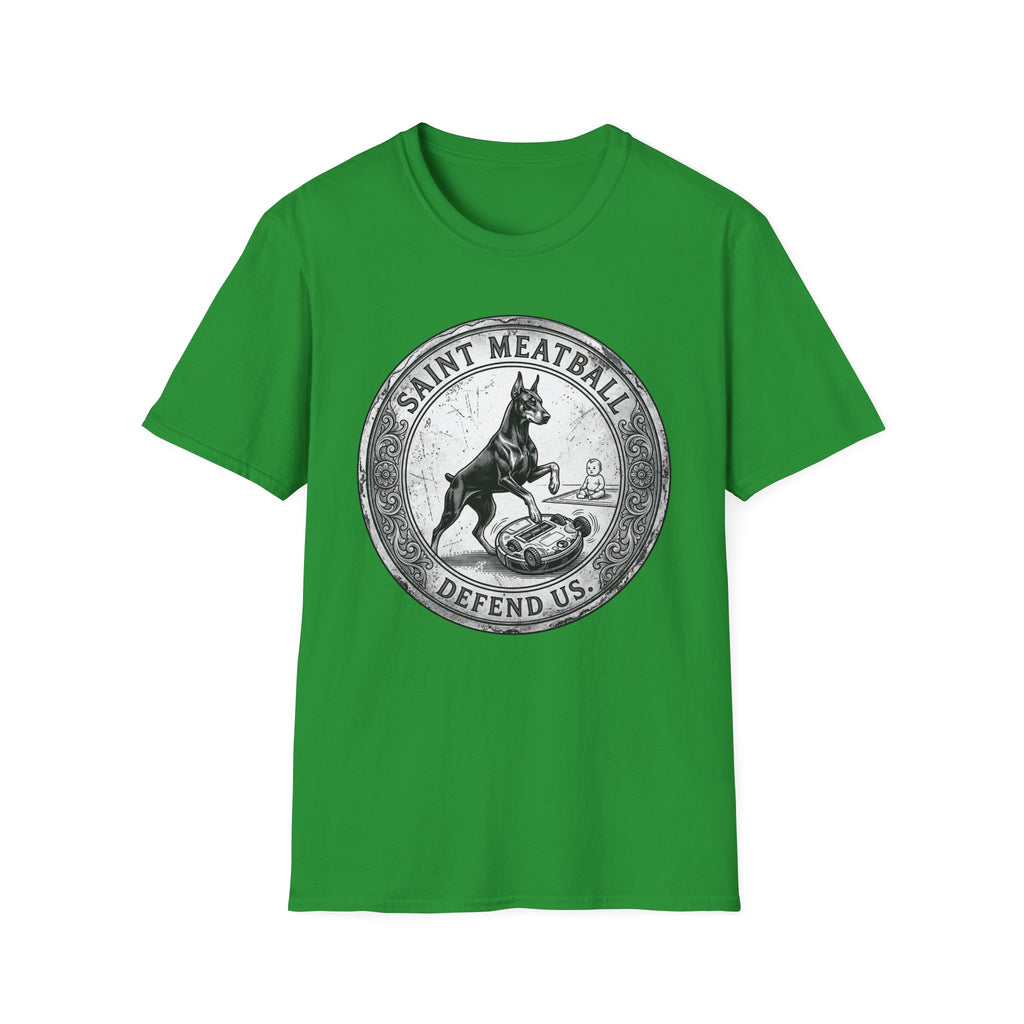Saint Meatball Defend Us T-Shirt flat lay on bright green shirt featuring a vintage medallion design with a Doberman Pinscher saint and the text Saint Meatball Defend Us.