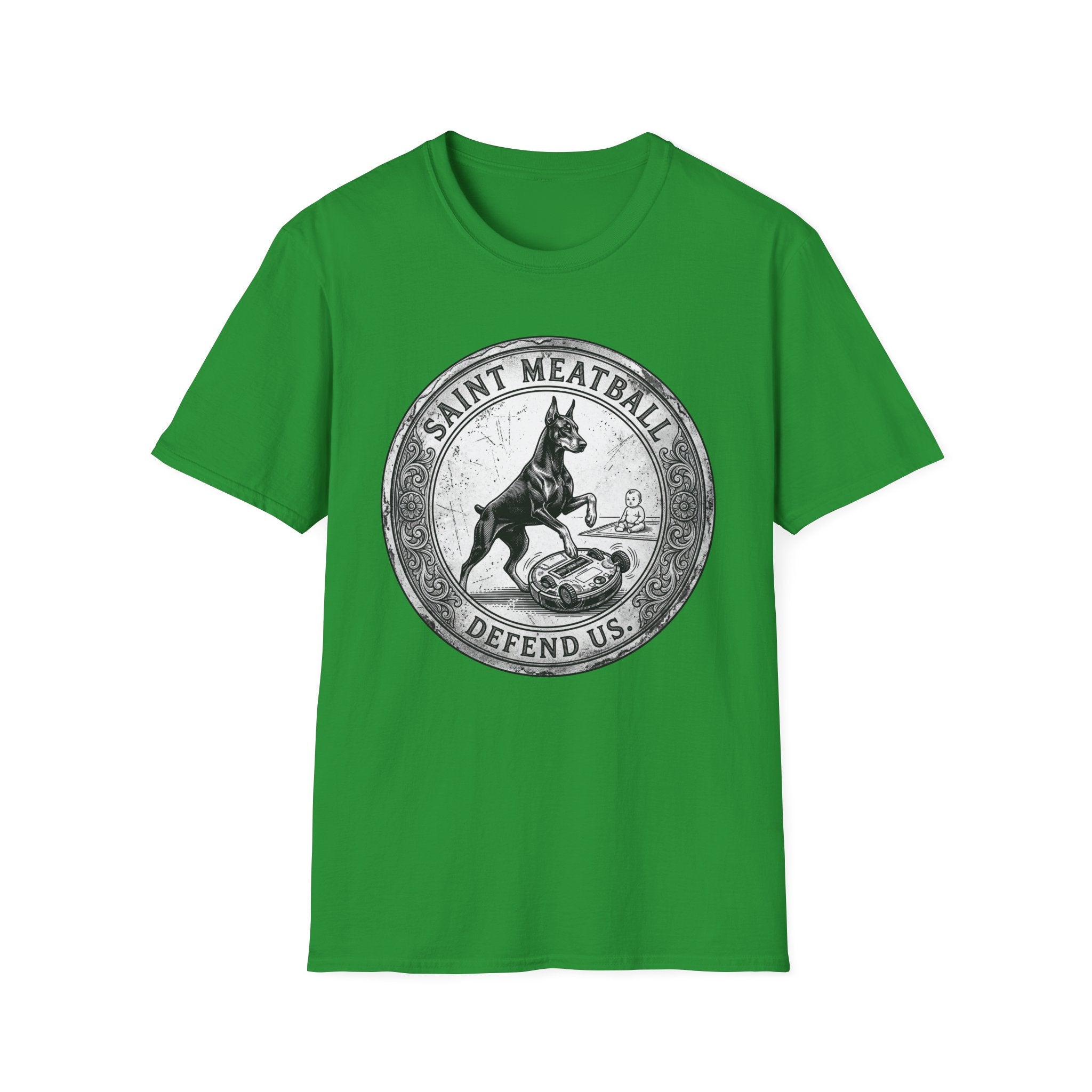 Saint Meatball Defend Us T-Shirt flat lay on bright green shirt featuring a vintage medallion design with a Doberman Pinscher saint and the text Saint Meatball Defend Us.
