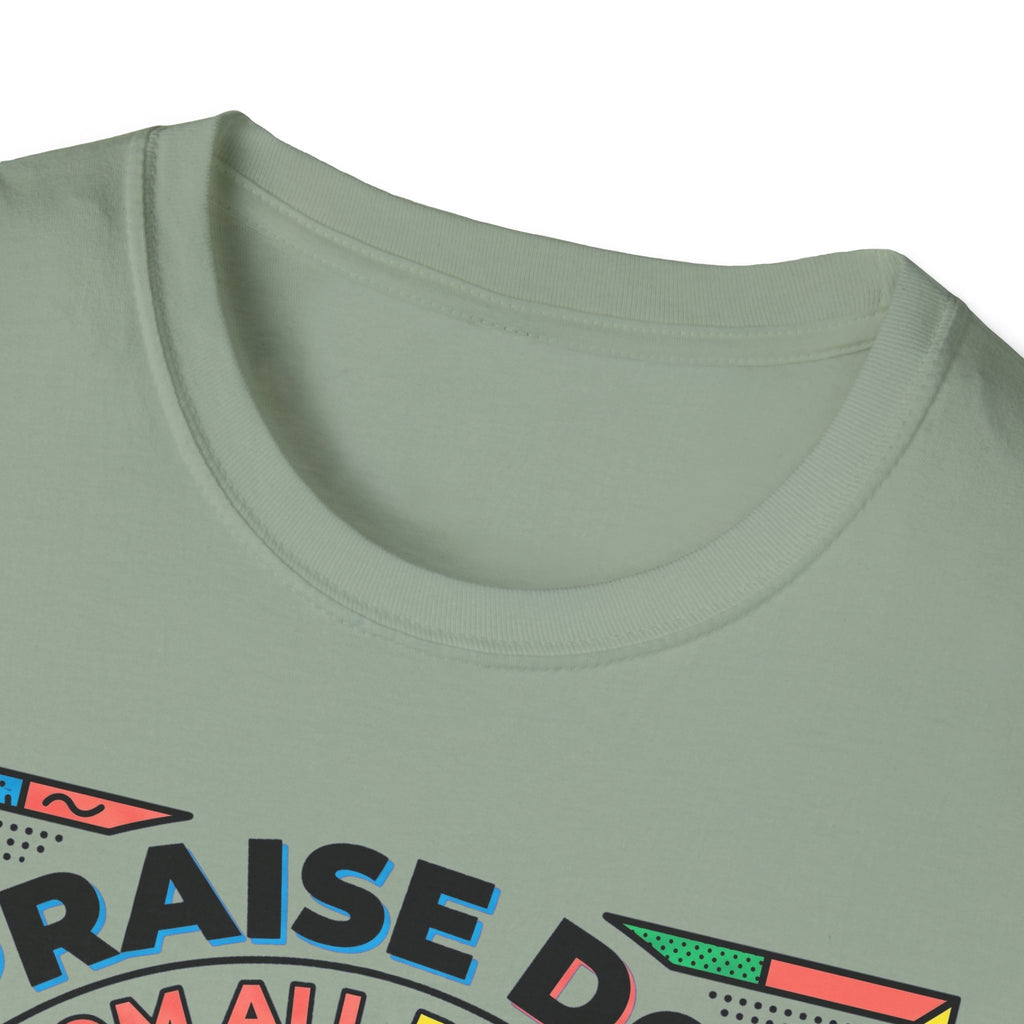 Praise Dog From Whom All Blessings Flow Geometric T-Shirt close-up detail of the collar area on a sage green shirt, showing the colorful pop-art border of the Praise Dog graphic.