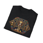 Praise Dog From Whom All Blessings Flow Corgi T-Shirt folded view in black, showing the ornate stained-glass style corgi graphic with gold gothic lettering and jeweled frame.