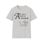 Rescue Mutt Ask and It Shall Be Fetched T-Shirt detail view featuring a Shel Silverstein-style pen-and-ink illustration of a Rescue Mutt proudly trotting with a very surprised ram and the text 'Ask and it shall be fetched.'