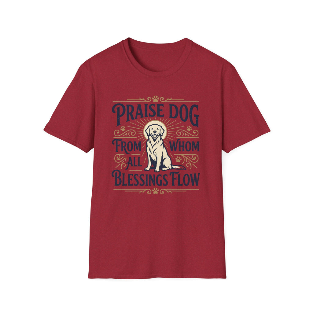 Praise Dog From Whom All Blessings Flow Golden Retriever T-Shirt flat lay in cardinal red, featuring a vintage-style graphic of a seated golden retriever with a glowing halo, surrounded by ornate scroll flourishes and paw print accents.
