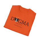 Dogma House Logo Light T-Shirt folded view in orange, showing the Dogma House brand name with border collie face logo and "Praise Be To Dog." tagline.