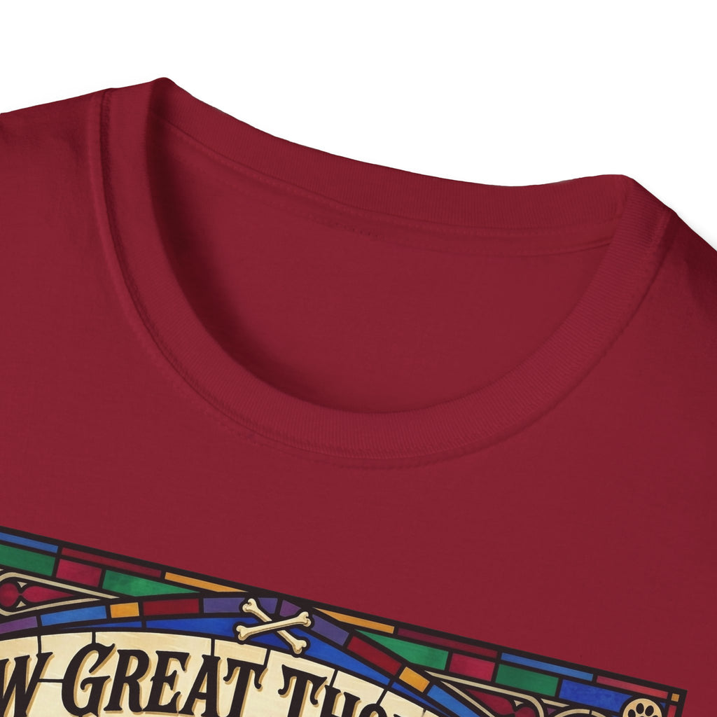 How Great Thou Bark Golden Retriever T-shirt close-up detail shot on a cardinal red shirt, showing the colorful stained-glass style graphic with crossbones and 'How Great Thou Bark' lettering at the neckline.