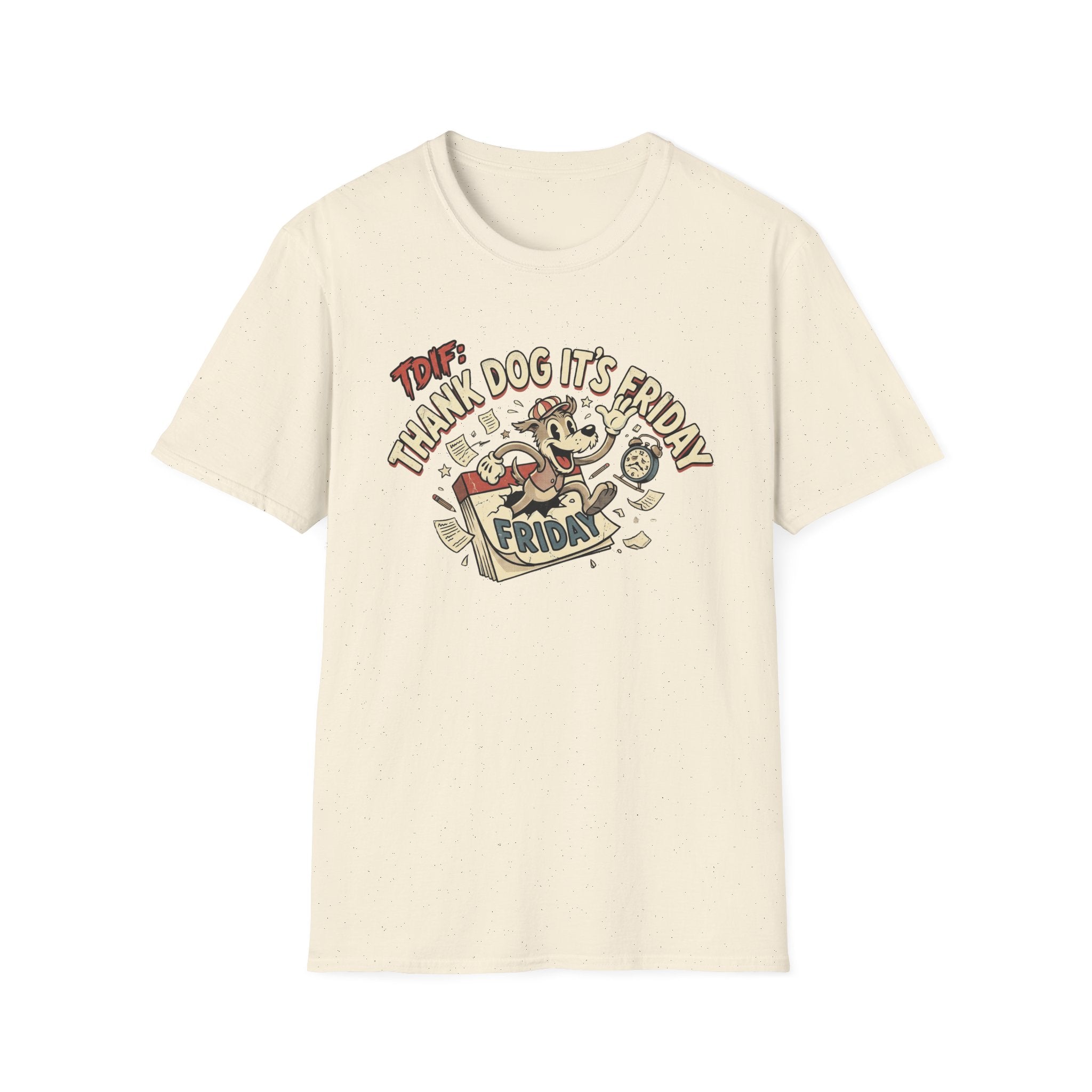 Thank Dog It's Friday T-Shirt flat lay on natural cream shirt featuring a retro cartoon dog bursting through a Friday calendar page with bold TDIF: Thank Dog It's Friday text.