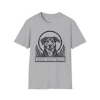 Holy Orders | Rescue Mutt T-Shirt detail view featuring a stained glass style illustration of a Rescue Mutt depicted as a holy figure with a golden halo and the text 'Holy Orders.'