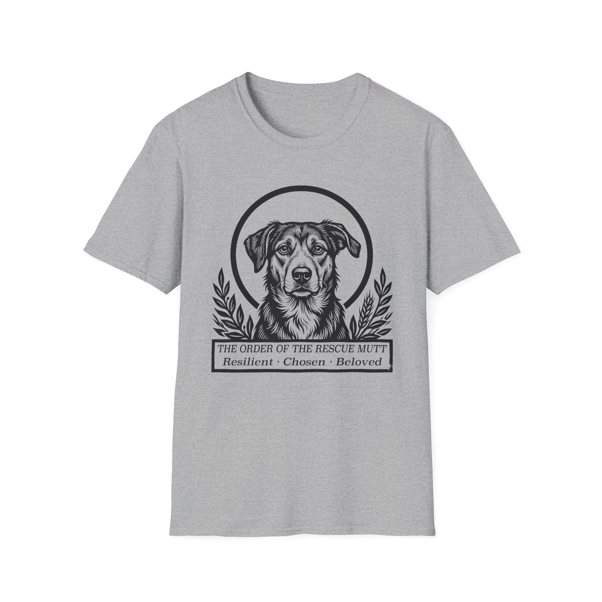 Holy Orders | Rescue Mutt T-Shirt detail view featuring a stained glass style illustration of a Rescue Mutt depicted as a holy figure with a golden halo and the text 'Holy Orders.'