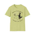 Rejoice in the Dog Lobo T-Shirt in lime green, flat lay mockup showing a woman joyfully dancing with a rearing black-and-white Border Collie line-art illustration and the text 'Rejoice in the Dog Always, and again I say rejoice!'