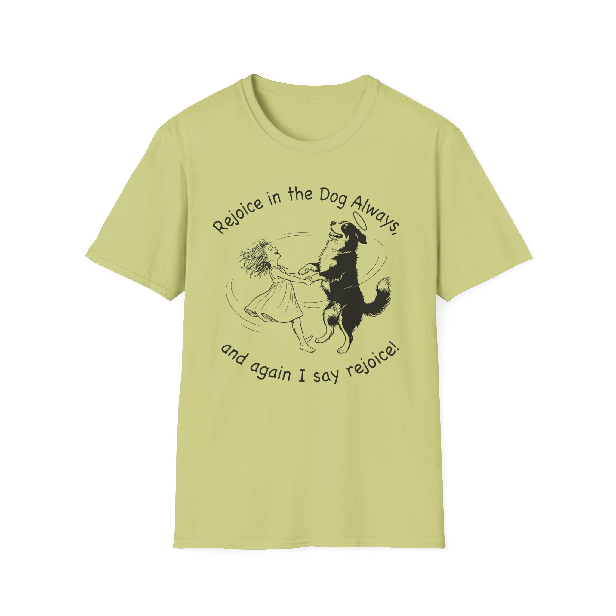 Rejoice in the Dog Lobo T-Shirt in lime green, flat lay mockup showing a woman joyfully dancing with a rearing black-and-white Border Collie line-art illustration and the text 'Rejoice in the Dog Always, and again I say rejoice!'