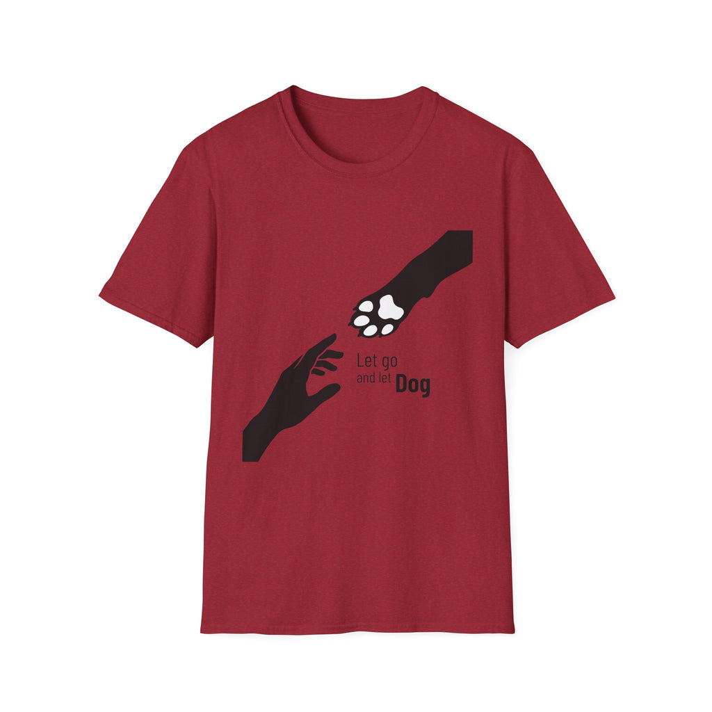 Let Go Let Dog Paw T-Shirt, flat lay on cardinal red tee featuring a bold silhouette graphic of a human hand reaching toward a dog paw with the text Let go and let Dog.