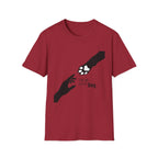 Let Go Let Dog Paw T-Shirt, flat lay on cardinal red tee featuring a bold silhouette graphic of a human hand reaching toward a dog paw with the text Let go and let Dog.