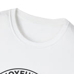 The Joyful Sound of Barking T-shirt close-up detail shot on a white shirt, showing the circular badge graphic with the 'Joyful Sound' lettering at the neckline.