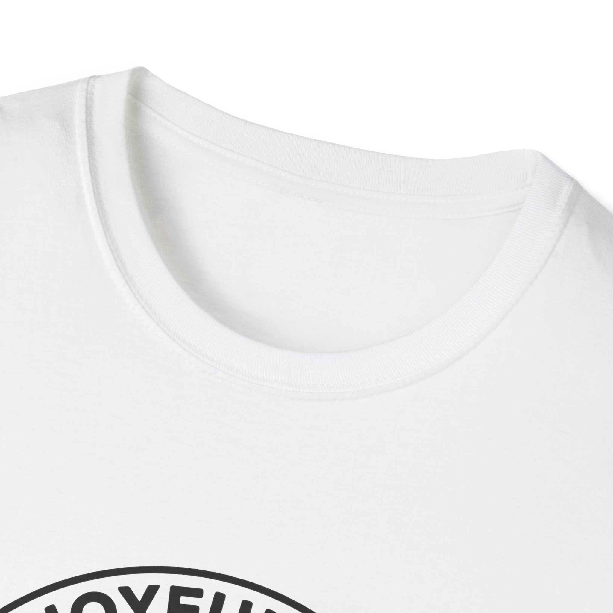 The Joyful Sound of Barking T-shirt close-up detail shot on a white shirt, showing the circular badge graphic with the 'Joyful Sound' lettering at the neckline.