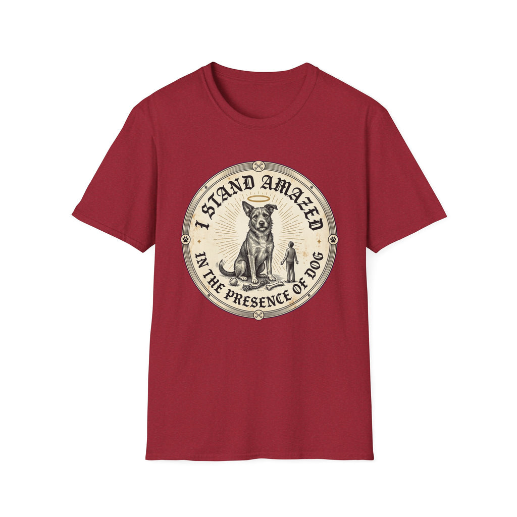I Stand Amazed Rescue Mutt T-Shirt in cardinal red, flat lay front view featuring a vintage-style circular graphic of a halo-wearing mixed-breed rescue dog with the text 'I Stand Amazed in the Presence of Dog.'