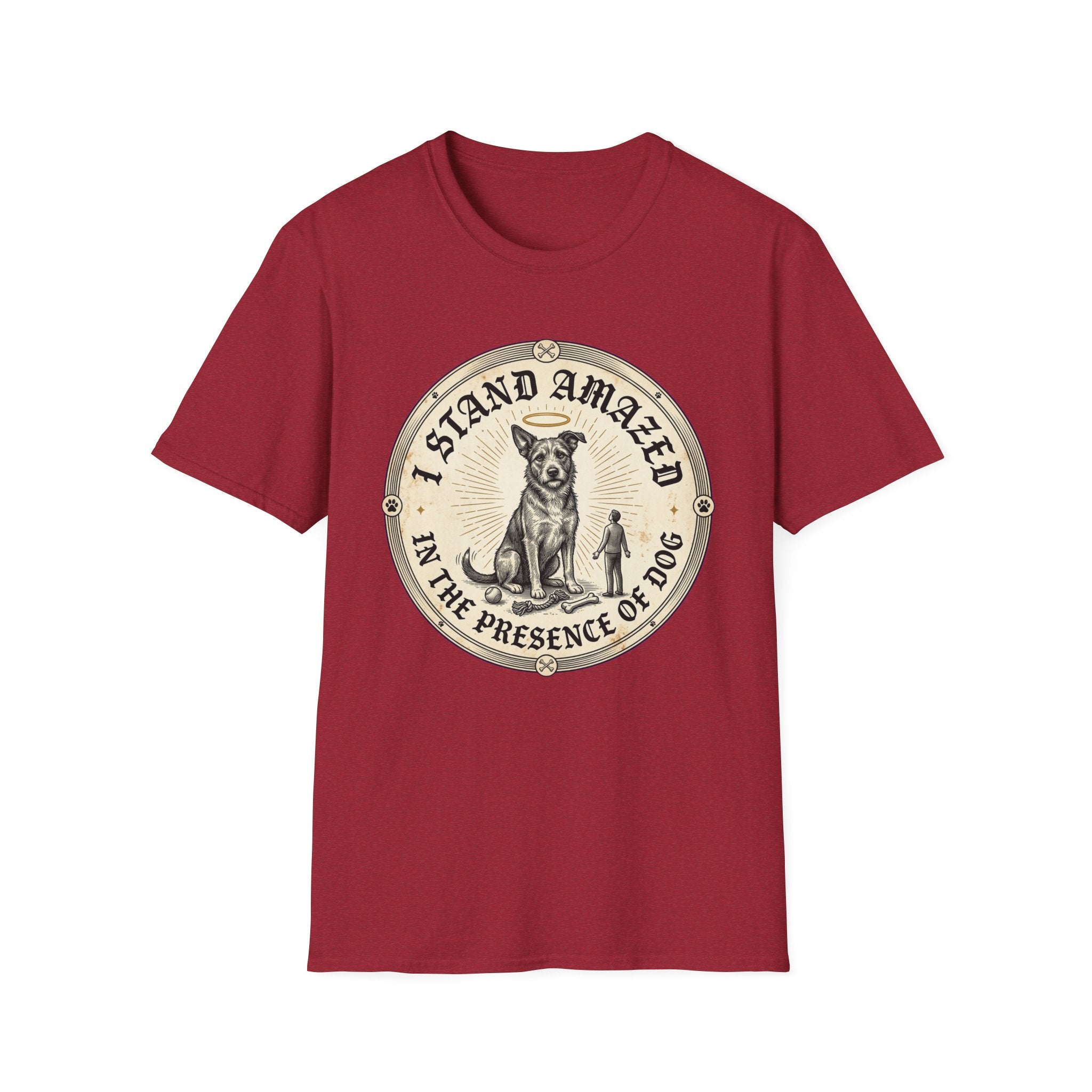I Stand Amazed Rescue Mutt T-Shirt in cardinal red, flat lay front view featuring a vintage-style circular graphic of a halo-wearing mixed-breed rescue dog with the text 'I Stand Amazed in the Presence of Dog.'