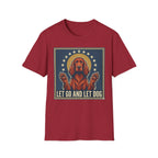 Let Go Let Dog Pug T-Shirt, flat lay on cardinal red tee featuring a vintage-style graphic of a red setter dog with paws raised encircled by stars and the text Let Go and Let Dog.