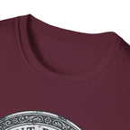 Saint Biscuit Heal Us T-shirt close-up detail on maroon shirt showing the ornate circular border and 'Saint Biscuit' text of the vintage medallion graphic.