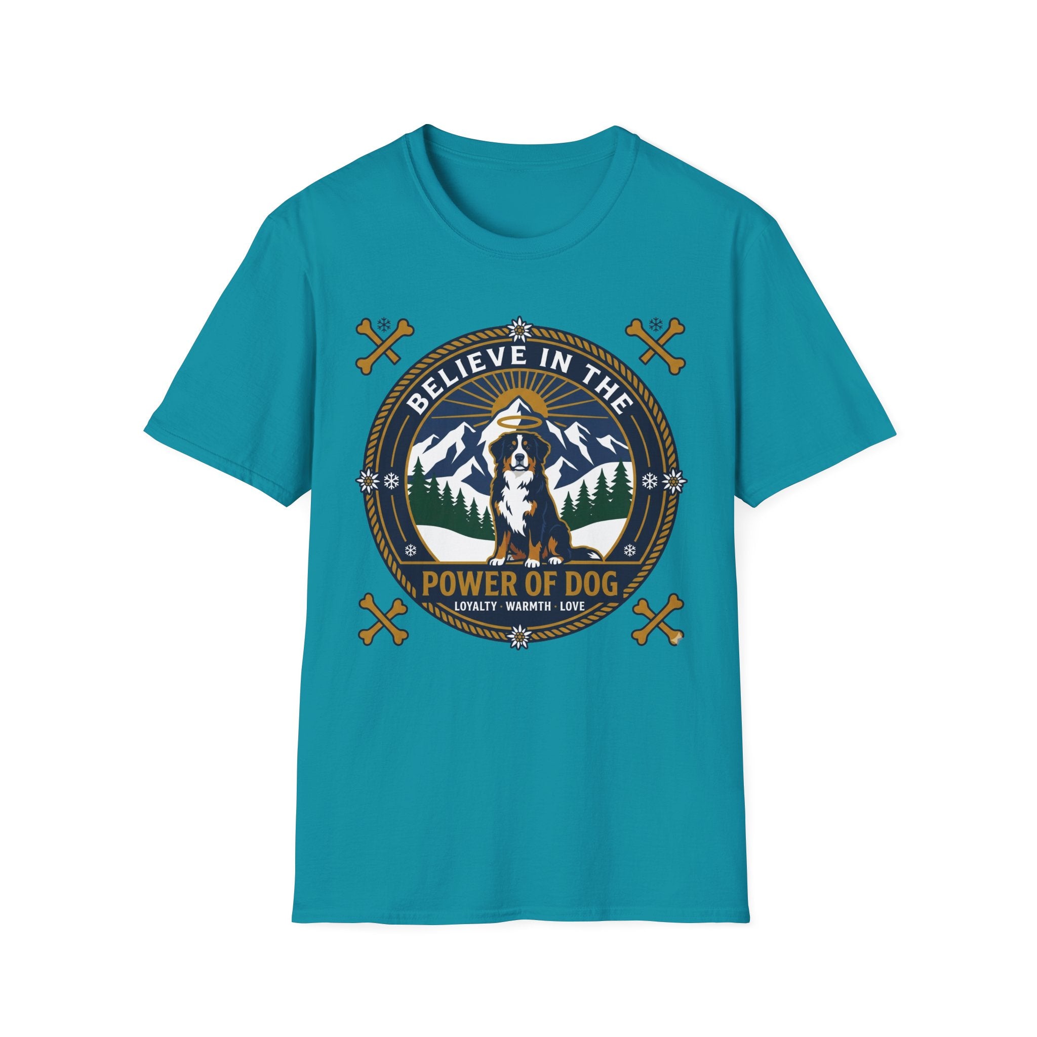 Believe in the Power of Dog Bernese T-Shirt in teal, flat lay view showing a circular badge graphic with a halo-wearing Bernese Mountain Dog set against a mountain and forest landscape, with crossed bones and the words 'Loyalty Warmth Love'.