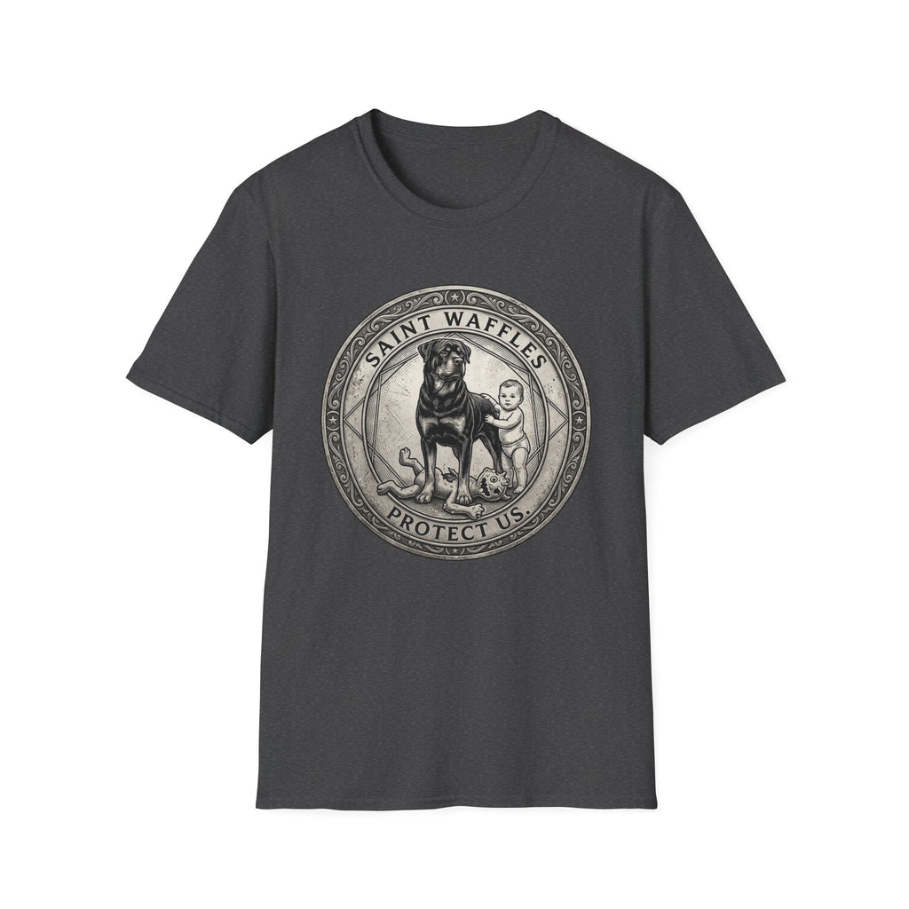 Saint Waffles Protect Us T-Shirt flat lay in heather dark gray, featuring a vintage medallion graphic of a Rottweiler standing protectively beside a small child with the text Saint Waffles Protect Us.