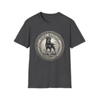 Saint Waffles Protect Us T-Shirt flat lay in heather dark gray, featuring a vintage medallion graphic of a Rottweiler standing protectively beside a small child with the text Saint Waffles Protect Us.