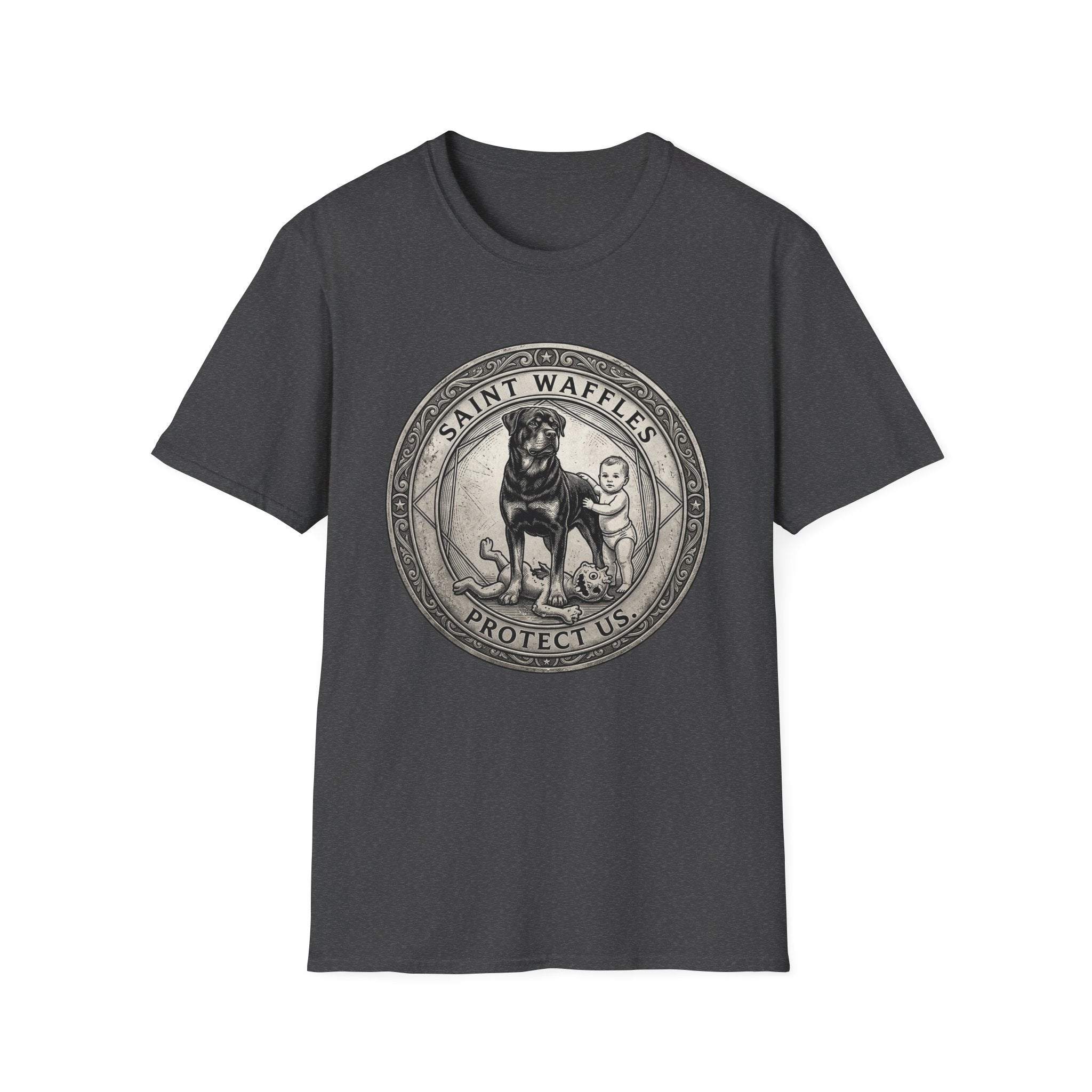 Saint Waffles Protect Us T-Shirt flat lay in heather dark gray, featuring a vintage medallion graphic of a Rottweiler standing protectively beside a small child with the text Saint Waffles Protect Us.