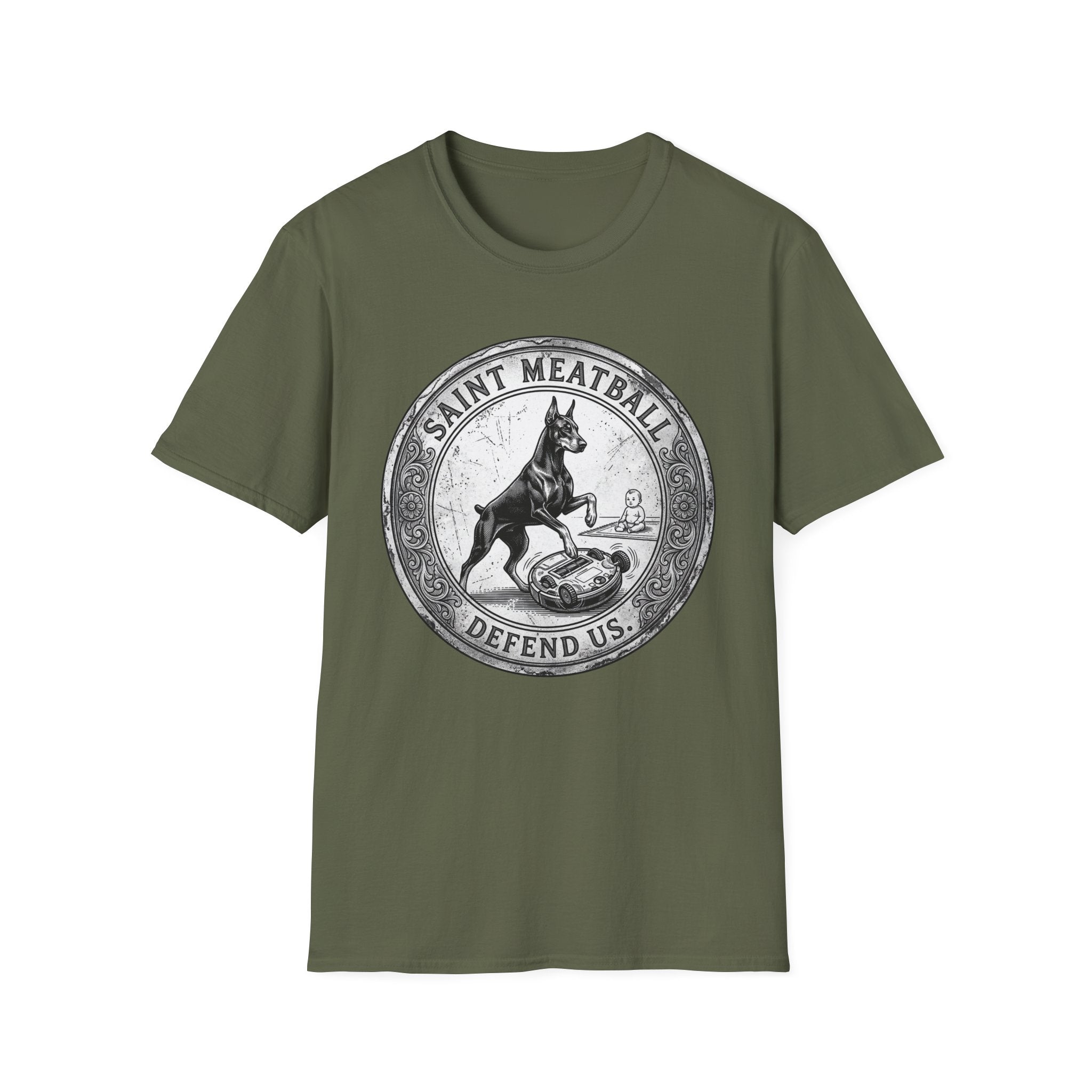 Saint Meatball Defend Us T-Shirt flat lay on military green shirt featuring a vintage medallion design with a Doberman Pinscher saint standing guard, reading Saint Meatball Defend Us.