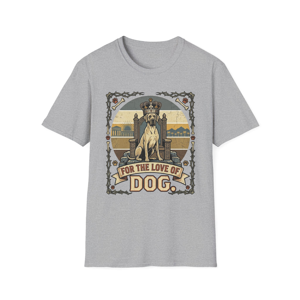 For the Love of Dog Great Dane T-Shirt flat lay in sport gray featuring a crowned Great Dane seated on a throne in a vintage illustration with an ornate thorn and bone border, "For the Love of Dog" banner below.