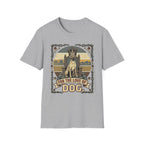 For the Love of Dog Great Dane T-Shirt flat lay in sport gray featuring a crowned Great Dane seated on a throne in a vintage illustration with an ornate thorn and bone border, "For the Love of Dog" banner below.