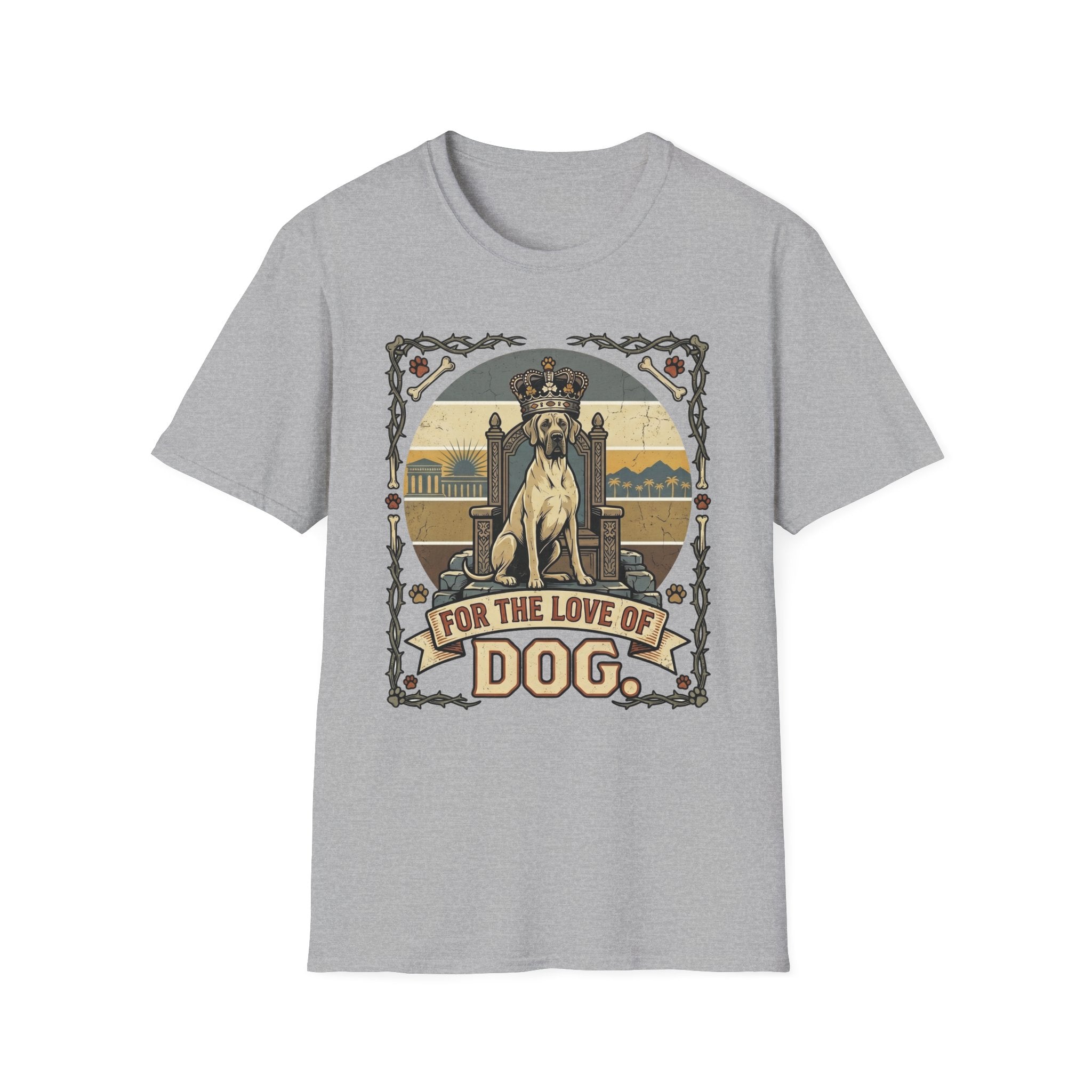 For the Love of Dog Great Dane T-Shirt flat lay in sport gray featuring a crowned Great Dane seated on a throne in a vintage illustration with an ornate thorn and bone border, "For the Love of Dog" banner below.