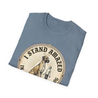 I Stand Amazed Great Dane T-Shirt folded view in slate blue, showing the massive Great Dane with halo graphic towering over a small human and "I Stand Amazed" lettering on the front.