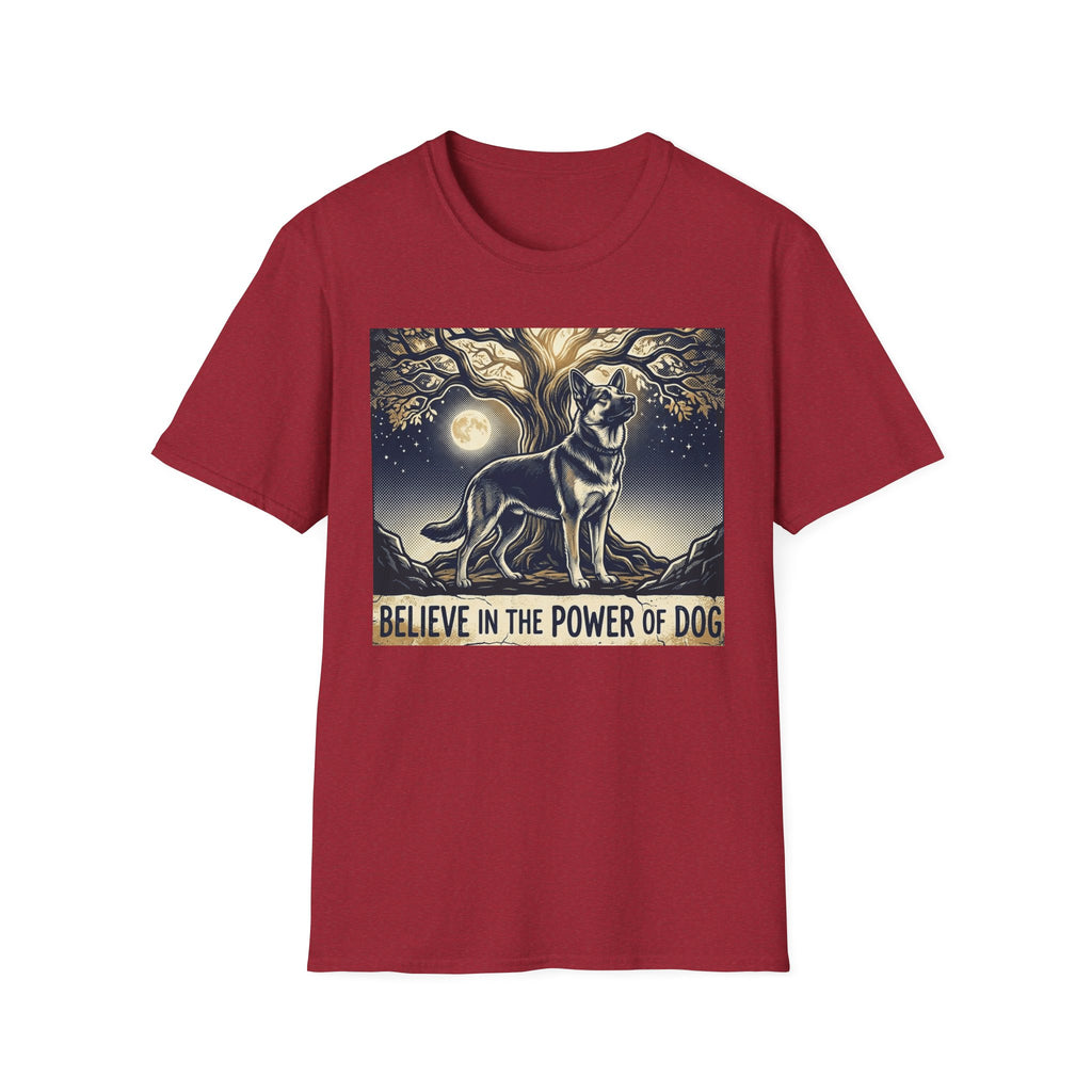 Believe in the Power of Dog German Shepherd T-shirt flat lay in cardinal red, featuring a vintage-style illustration of a German Shepherd standing under a moonlit tree with the text "Believe in the Power of Dog."