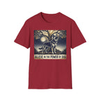 Believe in the Power of Dog German Shepherd T-shirt flat lay in cardinal red, featuring a vintage-style illustration of a German Shepherd standing under a moonlit tree with the text "Believe in the Power of Dog."