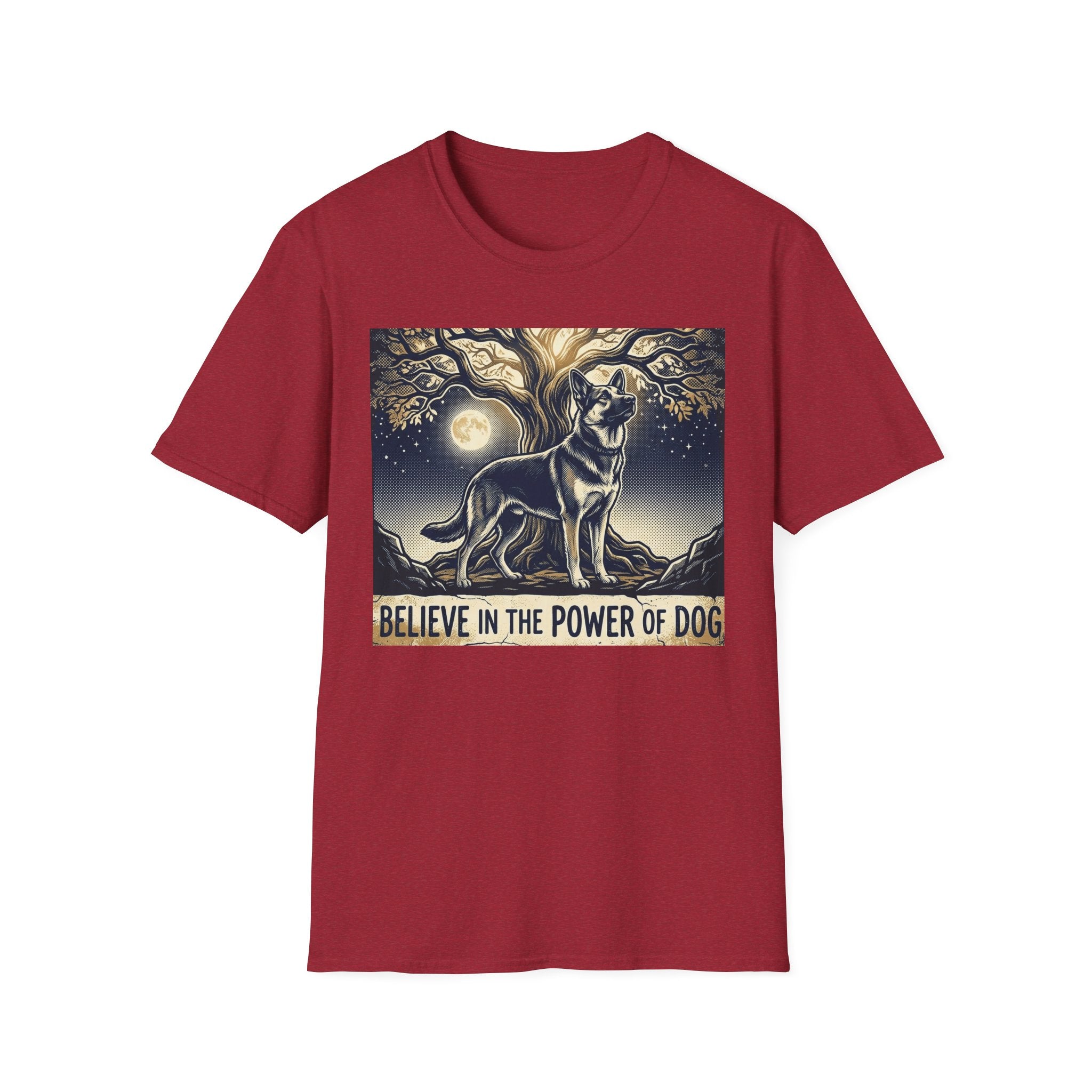 Believe in the Power of Dog German Shepherd T-shirt flat lay in cardinal red, featuring a vintage-style illustration of a German Shepherd standing under a moonlit tree with the text "Believe in the Power of Dog."