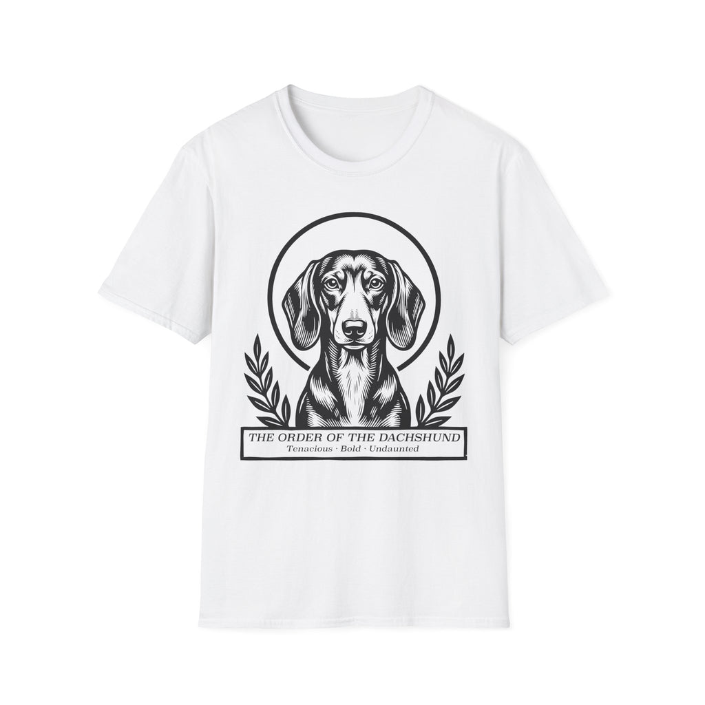 Holy Orders | Dachshund T-Shirt flat lay on navy shirt featuring a stained glass style illustration of a Dachshund depicted as a holy figure with a golden halo and the text 'Holy Orders.'