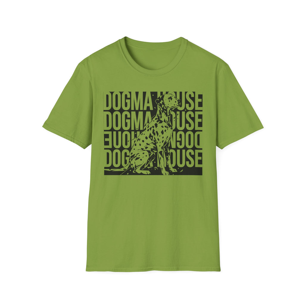 Dogma House Dalmatian T-Shirt flat lay in kiwi green, featuring a tonal dark graphic of a seated Dalmatian overlaid on a repeating 'Dogma House' text block in a street-art style.