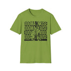 Dogma House Dalmatian T-Shirt flat lay in kiwi green, featuring a tonal dark graphic of a seated Dalmatian overlaid on a repeating 'Dogma House' text block in a street-art style.