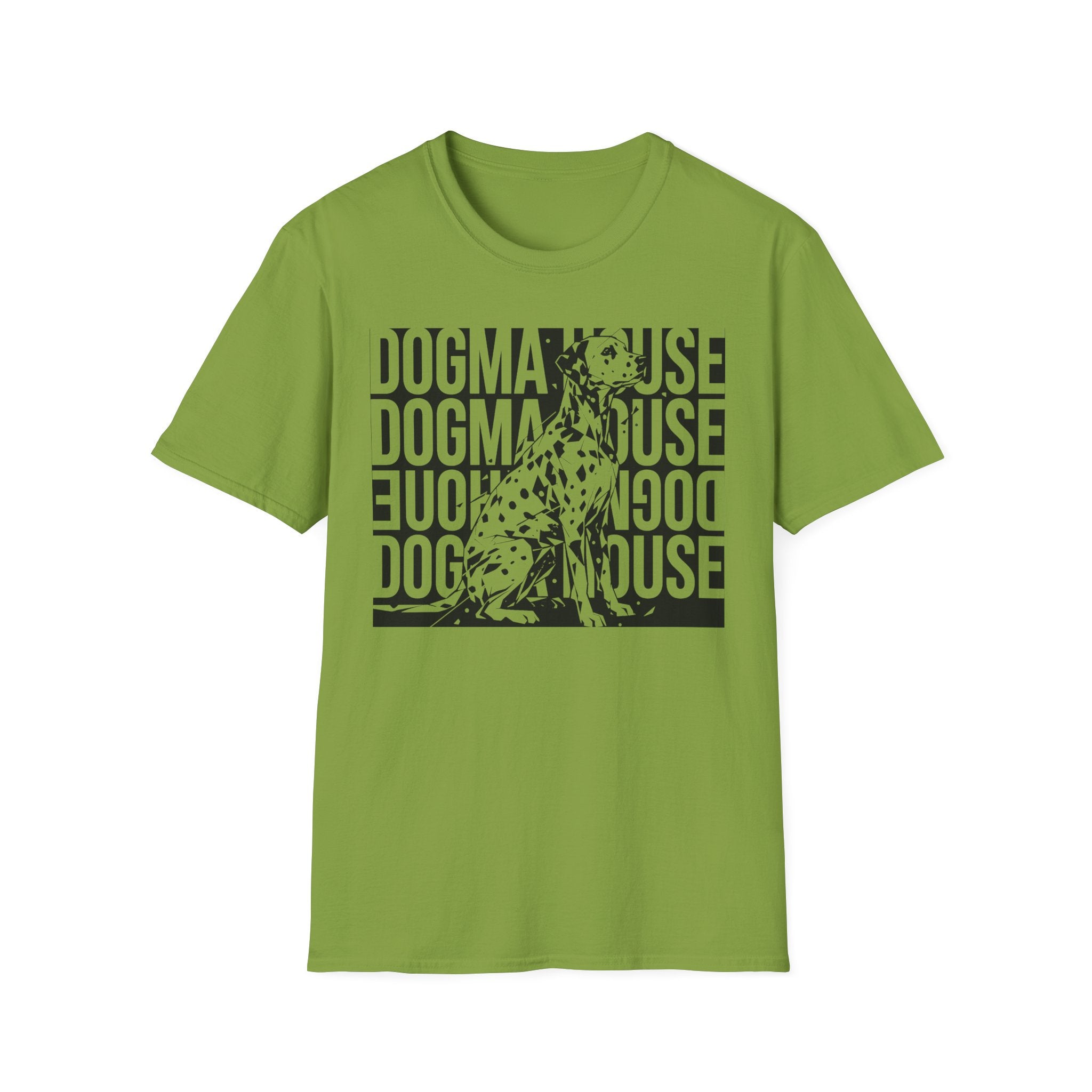 Dogma House Dalmatian T-Shirt flat lay in kiwi green, featuring a tonal dark graphic of a seated Dalmatian overlaid on a repeating 'Dogma House' text block in a street-art style.