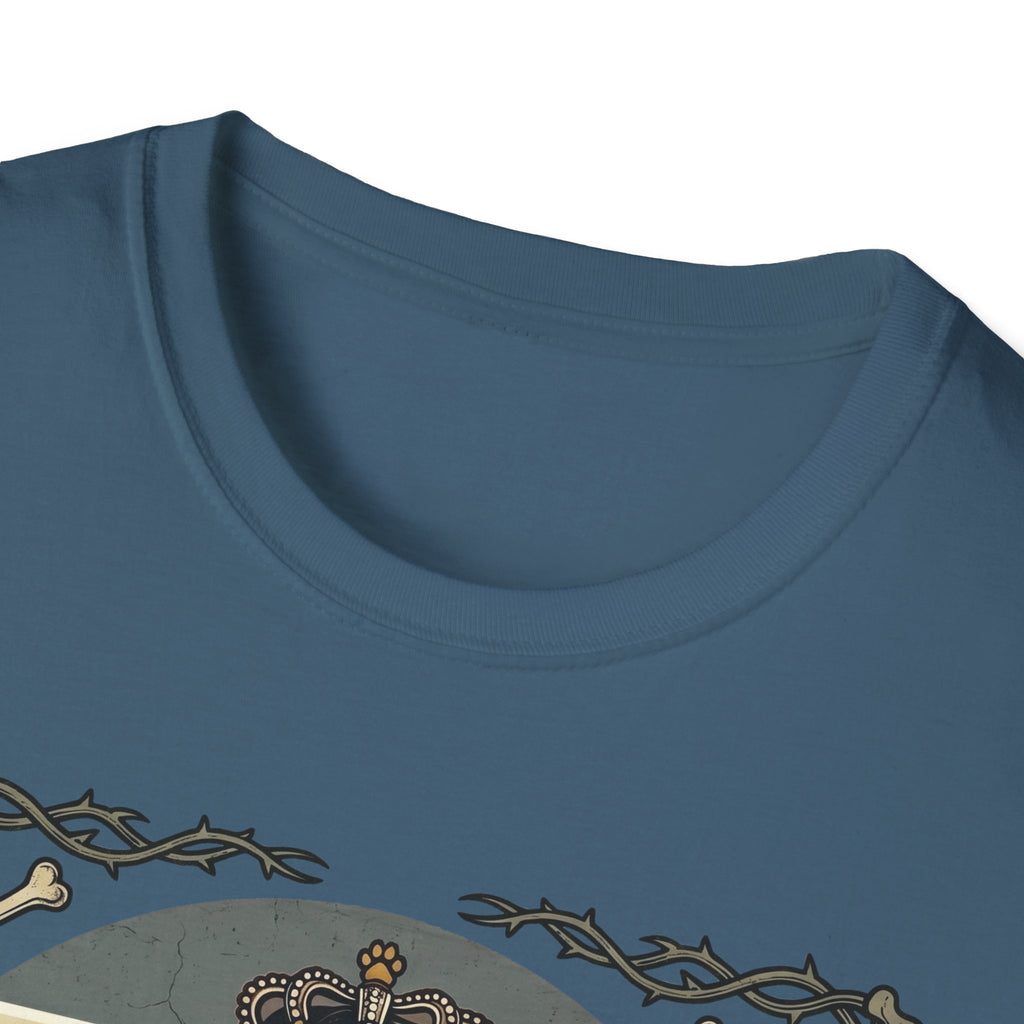 For the Love of Dog Great Dane T-Shirt close-up detail of the collar and top of the graphic on an indigo blue shirt showing the ornate thorn border and dog crown.