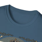 For the Love of Dog Great Dane T-Shirt close-up detail of the collar and top of the graphic on an indigo blue shirt showing the ornate thorn border and dog crown.